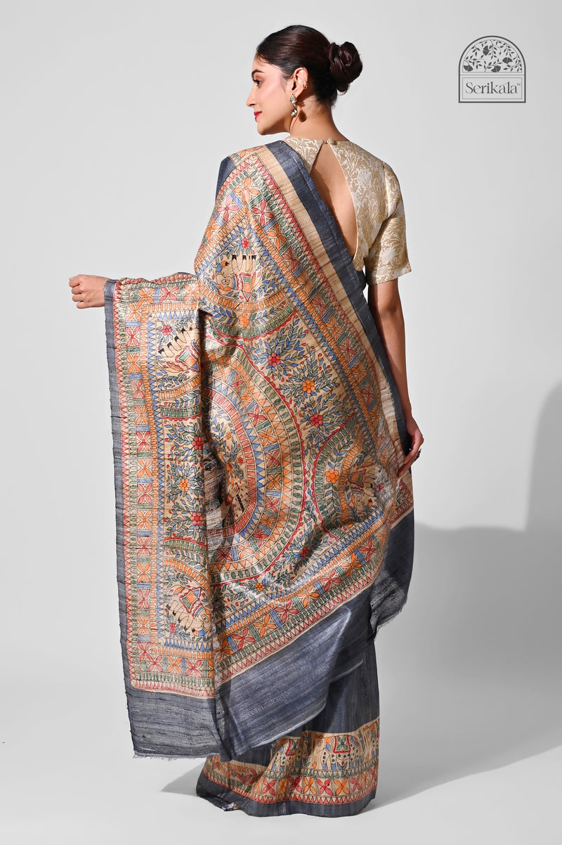 Charcoal Grey Ghicha Silk Saree with Hand-Painted Madhubani Art | Handloom Indian Saree