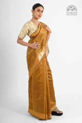 Exquisite Golden Mustard & Beige Dupion Tussar Silk Saree - Handloom Indian Saree