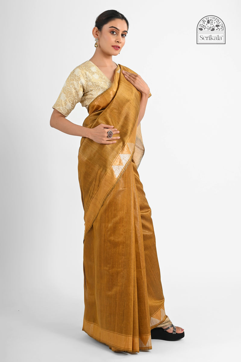 Exquisite Golden Mustard & Beige Dupion Tussar Silk Saree - Handloom Indian Saree