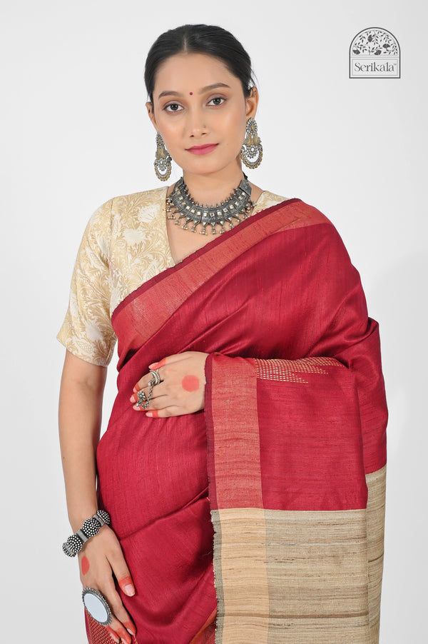 Ruby Red Dupion Silk Saree with Beige Tussar Pallu | Handloom Indian Saree