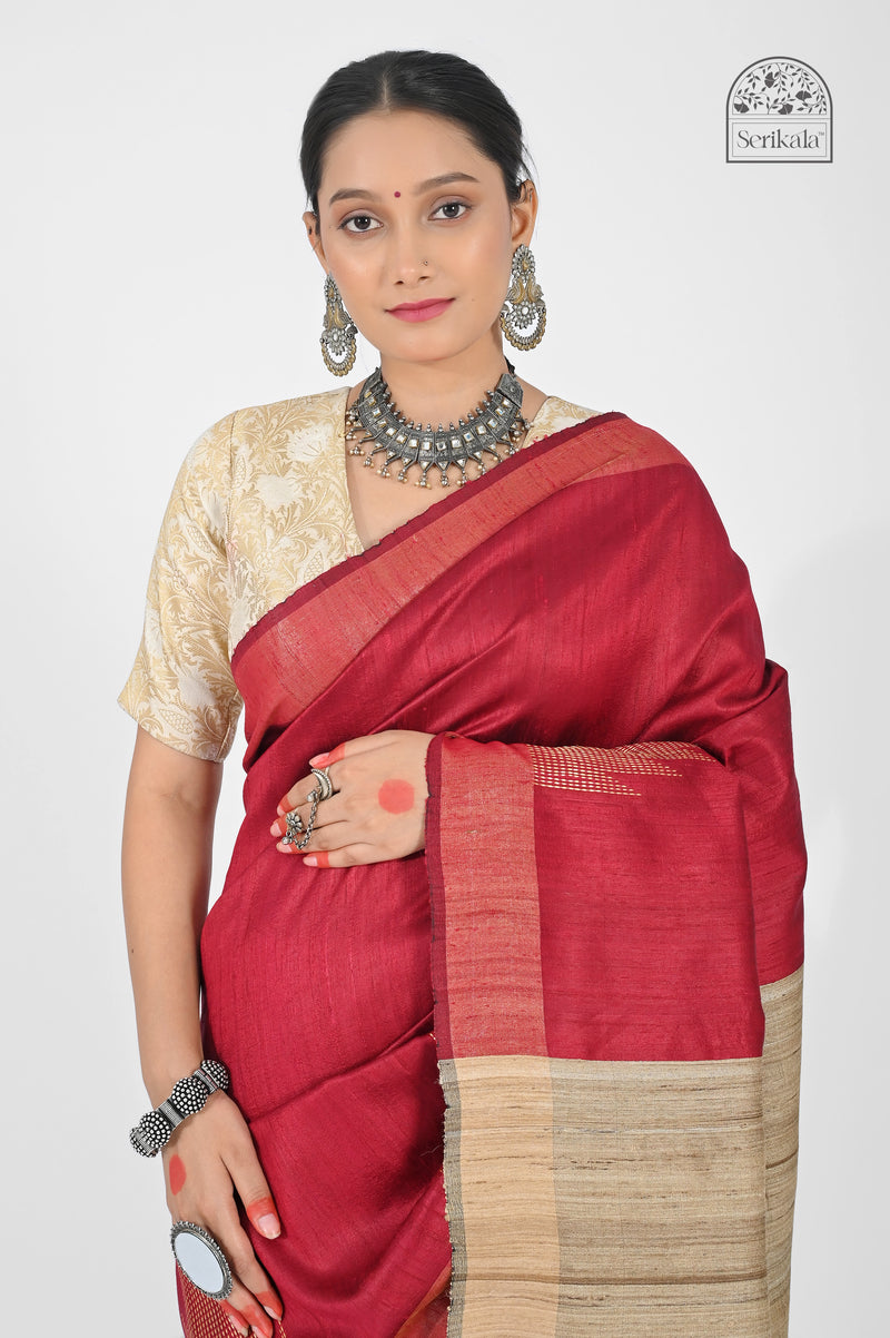 Ruby Red Dupion Silk Saree with Beige Tussar Pallu | Handloom Indian Saree
