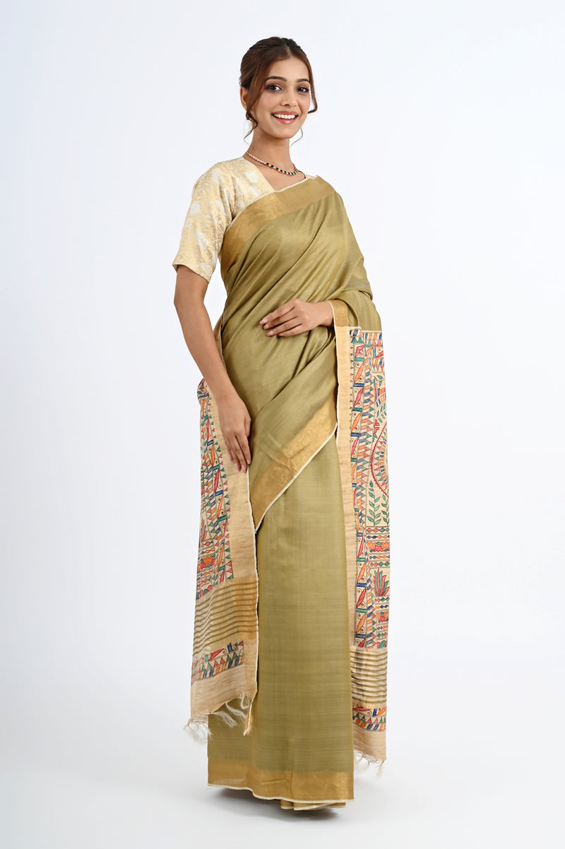 Elegant Olive Green Eri Silk Saree with Hand-Painted Madhubani Art