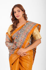 Artistic Mustard Ghicha Silk Saree with Hand-Painted Madhubani Art