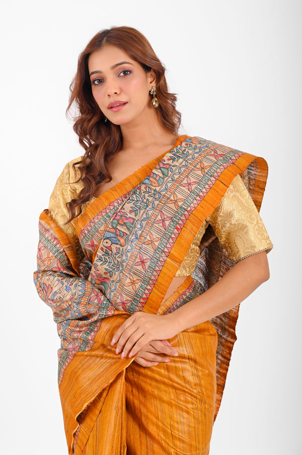 Artistic Mustard Ghicha Silk Saree with Hand-Painted Madhubani Art