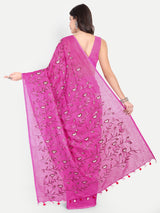 Exquisite Rani Pink Linen Saree with Floral Jaal Embroidery