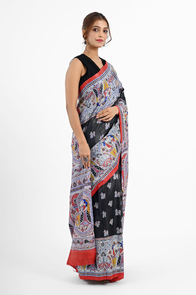 Artistic Black Ghicha Silk Saree with Madhubani Digital Print