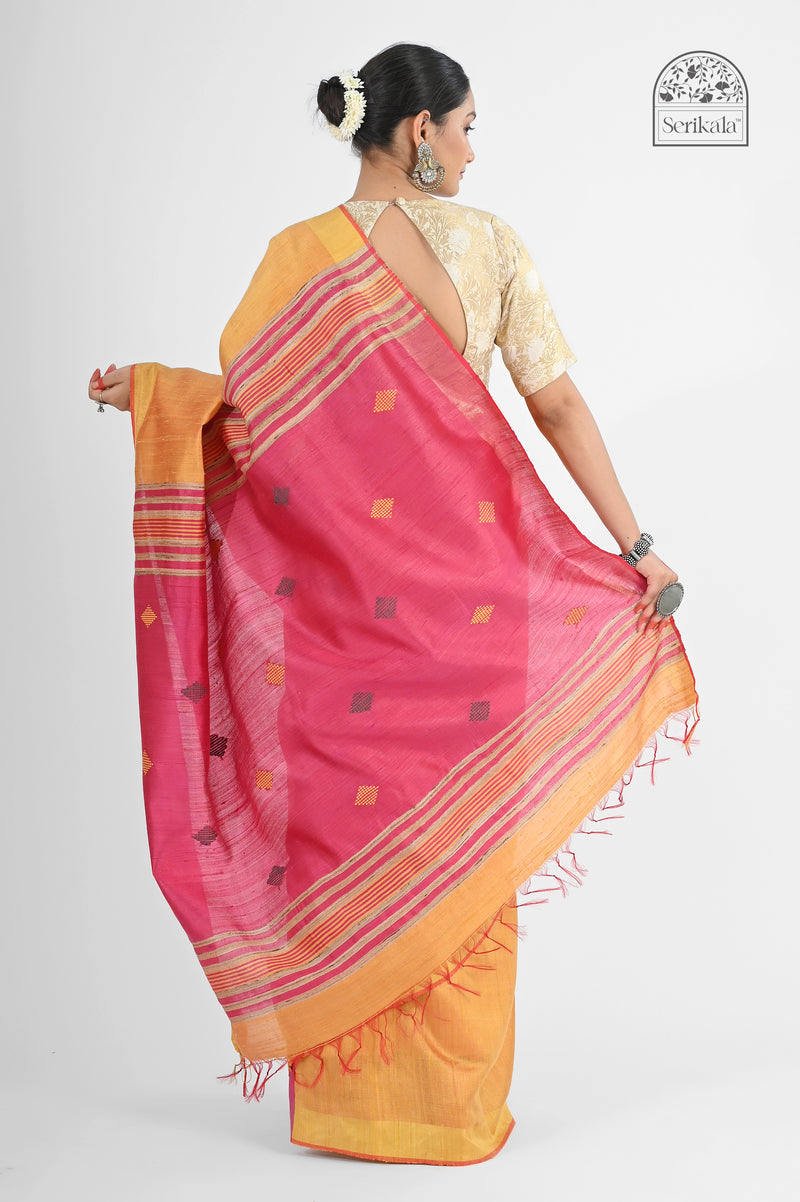 Vibrant Orange & Pink Dupion Silk Saree | Handloom Indian Saree - Serikala