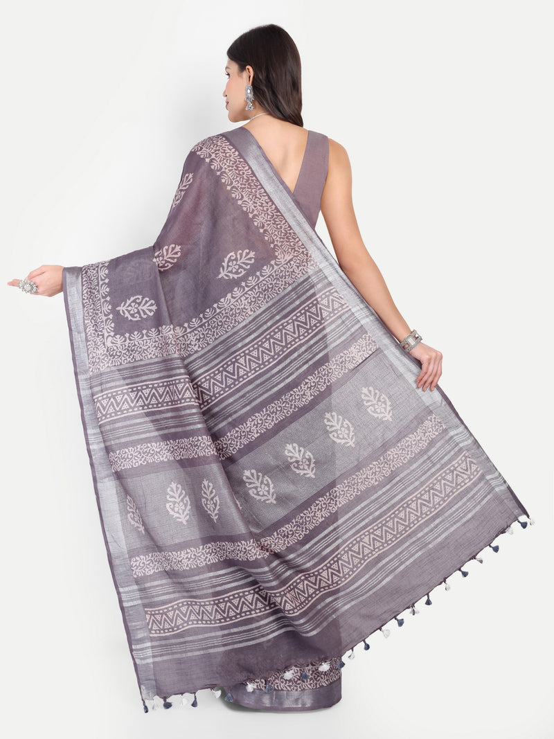 Elegant Grey Block Print Cotton Saree