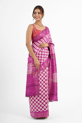Vibrant Pink Ghicha Silk Saree with Geometric Screen Print