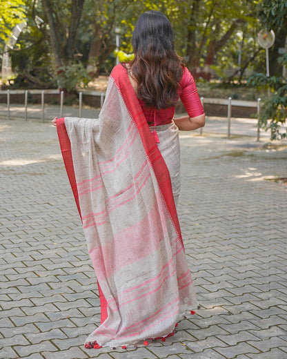 OFF WHITE & RED COTTON SLUB SAREE