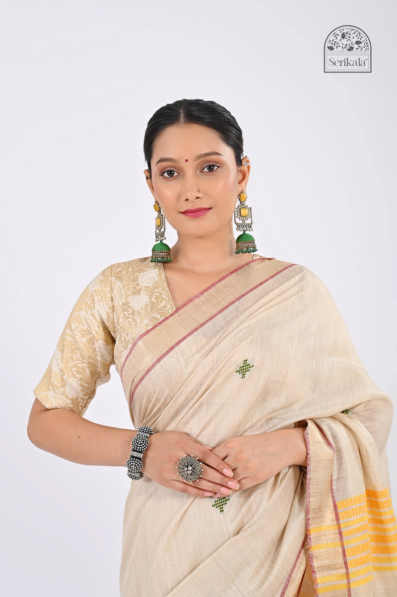 Exquisite Off-White Muga Silk Saree with Geometric Weave | Handloom Indian Saree