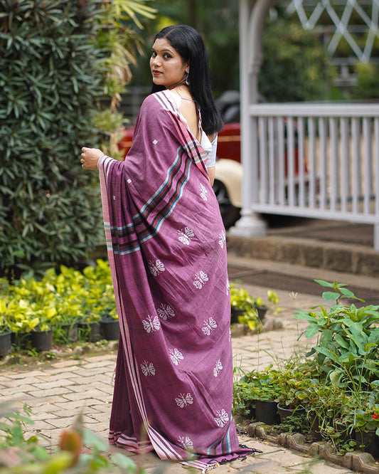 PLUM PINK COTTON SAREE WITH BAWAN BUTA WORK