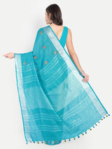 Vibrant Turquoise Blue Linen Saree with Floral Embroidery
