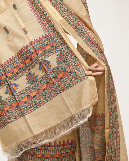TUSSAR SILK MADHUBANI PAINTED SUIT SET (UNSTITCHED)