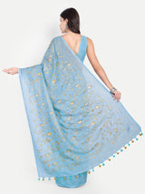Serene Sky Blue Linen Saree with Golden Floral Embroidery
