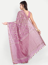 Elegant Dusty Pink Linen Saree with Floral Jaal Embroidery