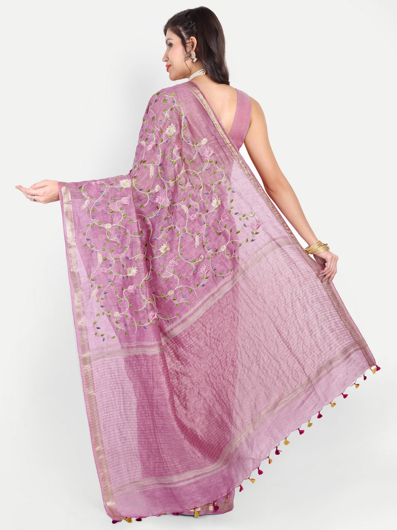 Elegant Dusty Pink Linen Saree with Floral Jaal Embroidery
