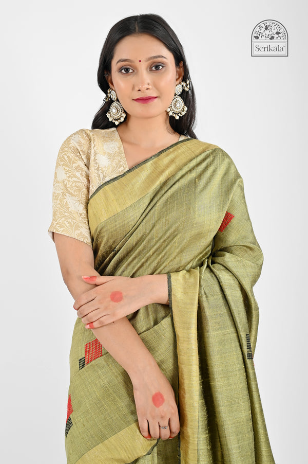 Elegant Olive Green Dupion Silk Saree with Red & Black Accents | Handloom Saree