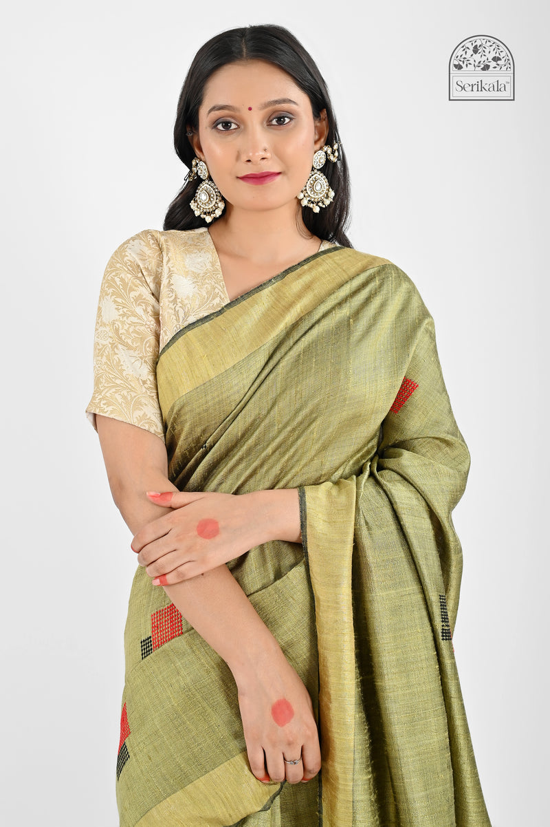Elegant Olive Green Dupion Silk Saree with Red & Black Accents | Handloom Saree