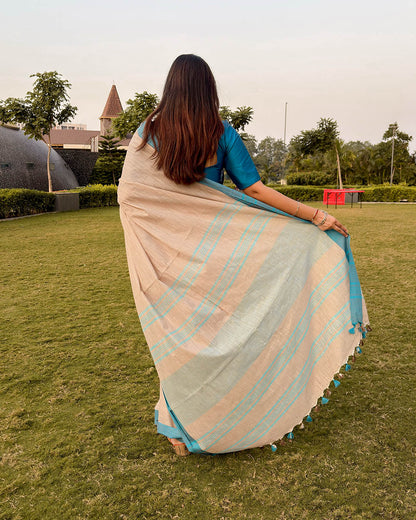 BEIGE & SKY BLUE COTTON SLUB SAREE