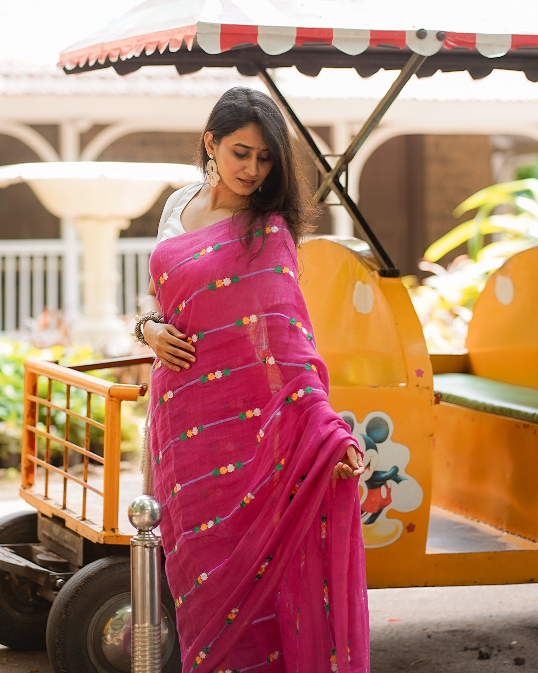 RANI PINK EMBROIDERED LINEN SAREE