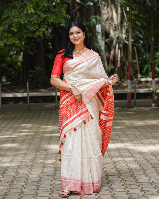 OFF-WHITE & RED GHICHA SILK SAREE
