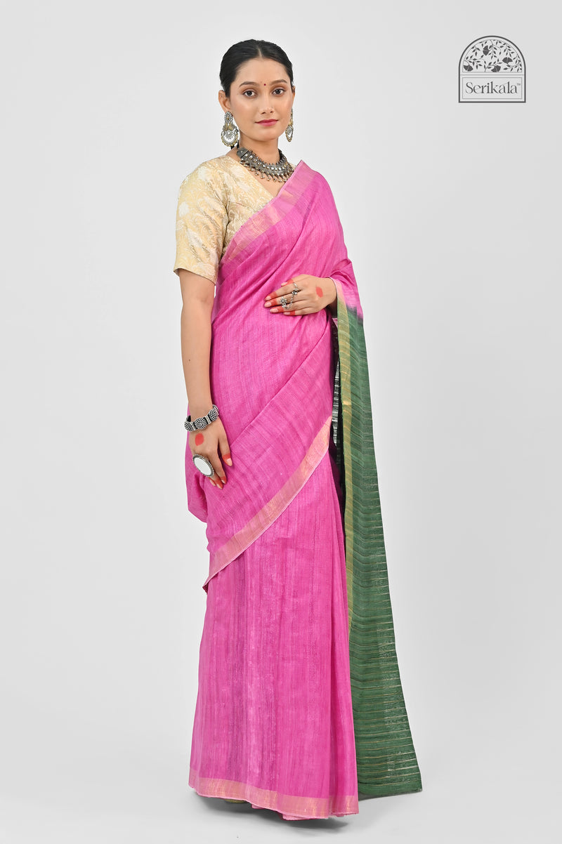 Vibrant Pink & Green Ghicha Silk Saree | Handloom Traditional Saree