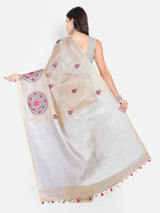 Elegant Beige & Silver Zari Linen Saree with Mandala Embroidery