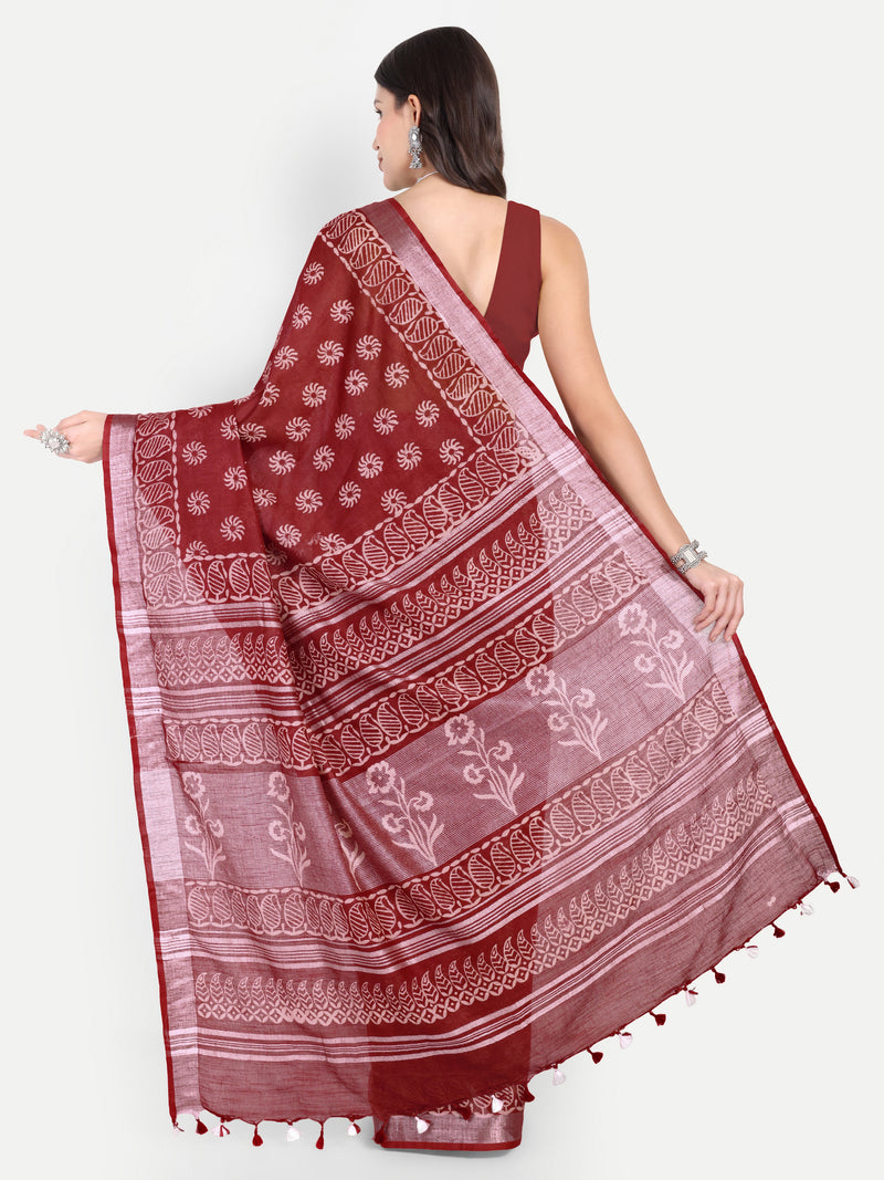 Rich Maroon Block Print Cotton Saree