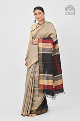 Elegant Beige Desi Tussar Silk Saree with Striped Pallu | Handloom Indian Saree