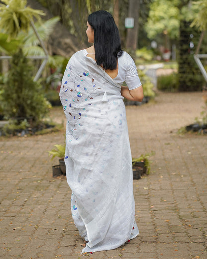 SILVER MIST GREY EMBROIDERED LINEN SAREE