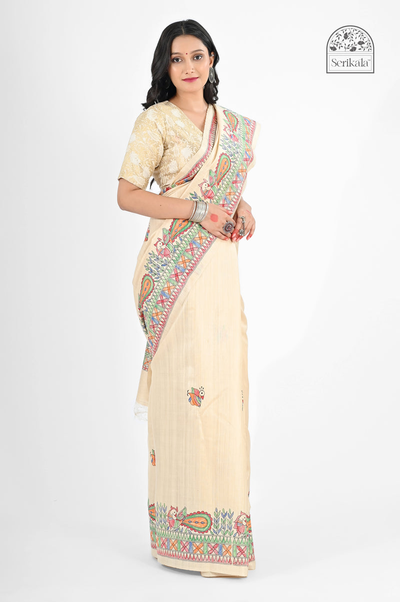 Cream Muga Silk Saree with Hand-Painted Madhubani Art | Luxurious Handloom Saree - Serikala