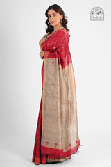 Red Dupion Silk Saree with Golden Check & Tussar Pallu