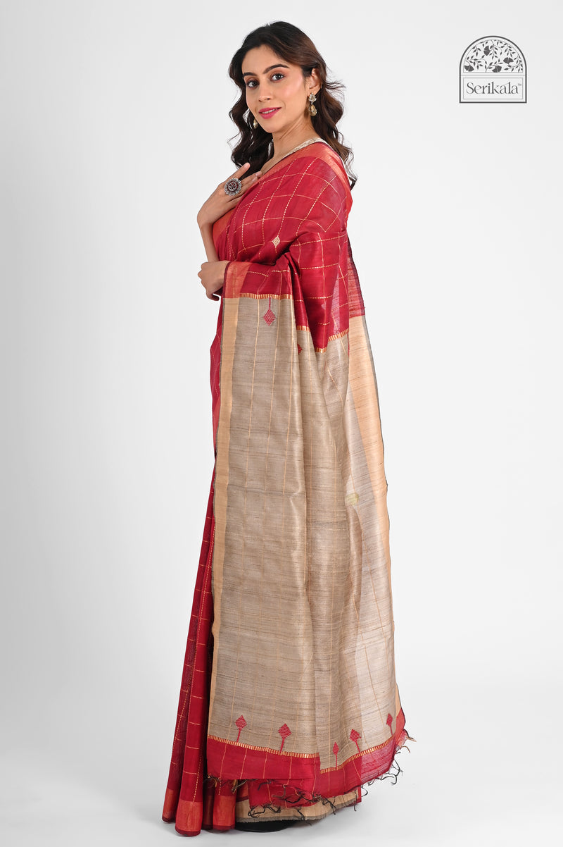 Red Dupion Silk Saree with Golden Check & Tussar Pallu