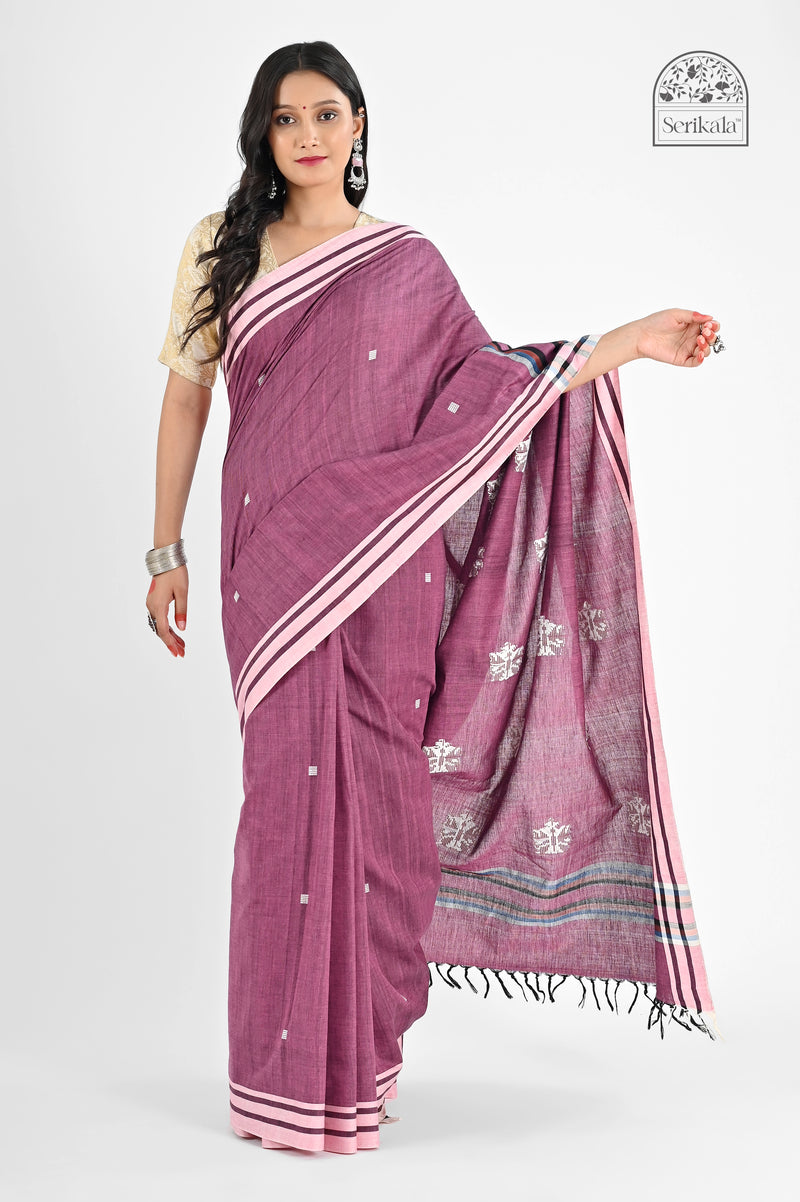 Stylish Plum Pink Pure Cotton Saree with Bawan Buta Work | Handloom Daily Wear - Serikala