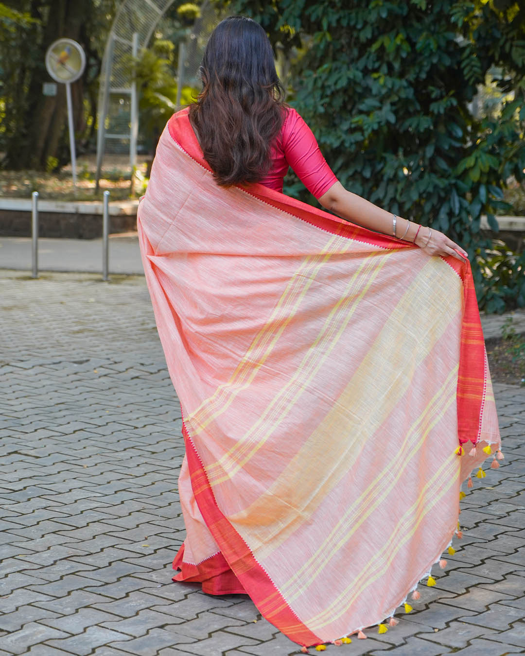 PEACH & RED COTTON SLUB SAREE
