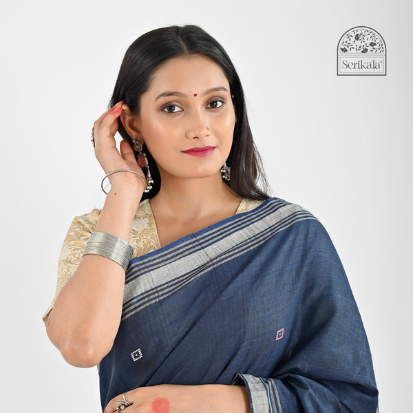 Elegant Indigo Blue Pure Cotton Saree with Bawan Buta Work | Handloom Daily Wear - Serikala