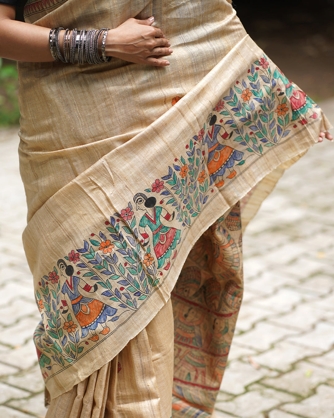 BEIGE TRIBAL GHICHA SILK SAREE