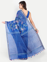 Exquisite Royal Blue Linen Saree with Pink Floral Embroidery