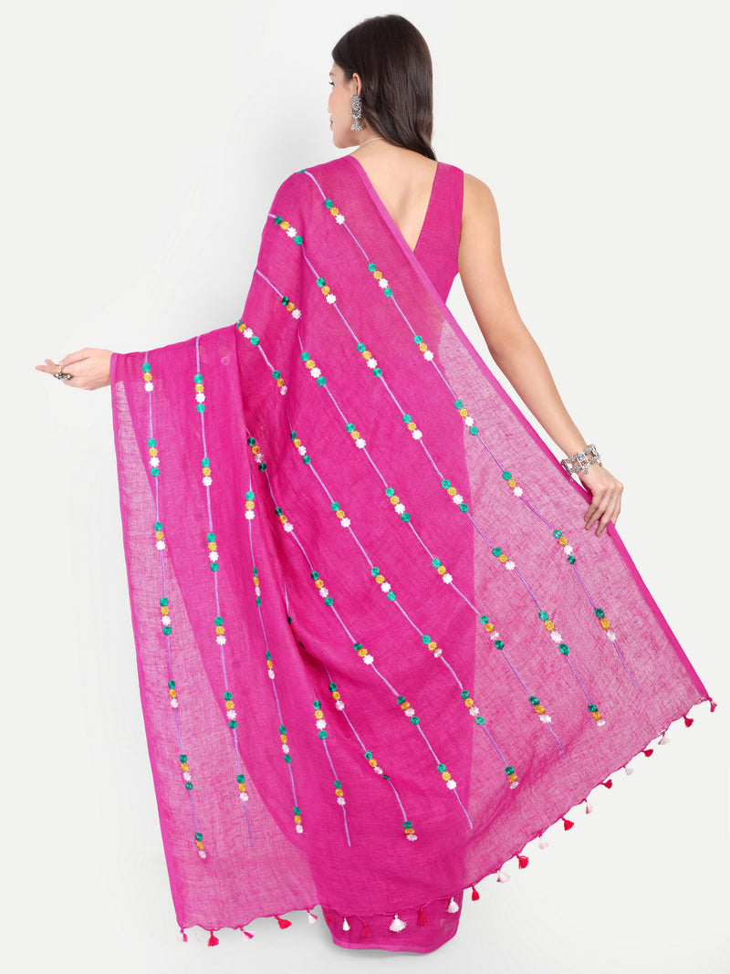 Vibrant Rani Pink Linen Saree with Colorful Embroidery