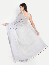 Elegant White & Grey Linen Saree with Embroidery