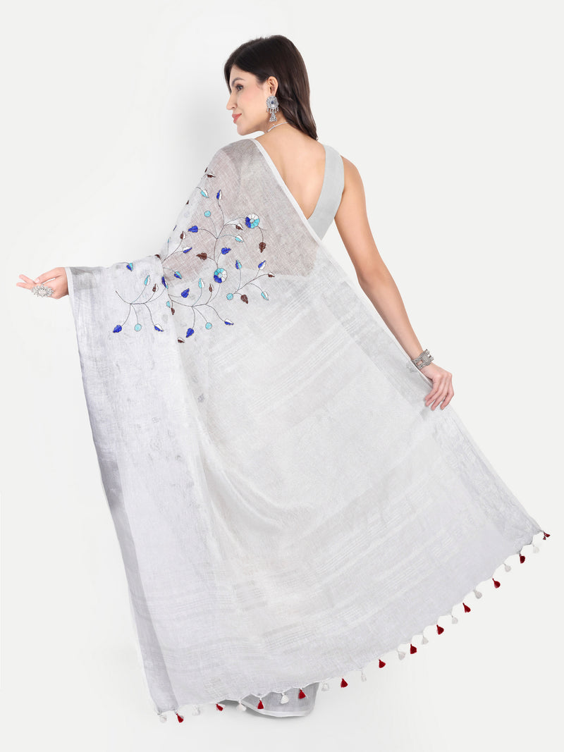 Elegant White & Grey Linen Saree with Embroidery