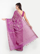 Regal Orchid Purple Linen Saree with Floral Embroidery
