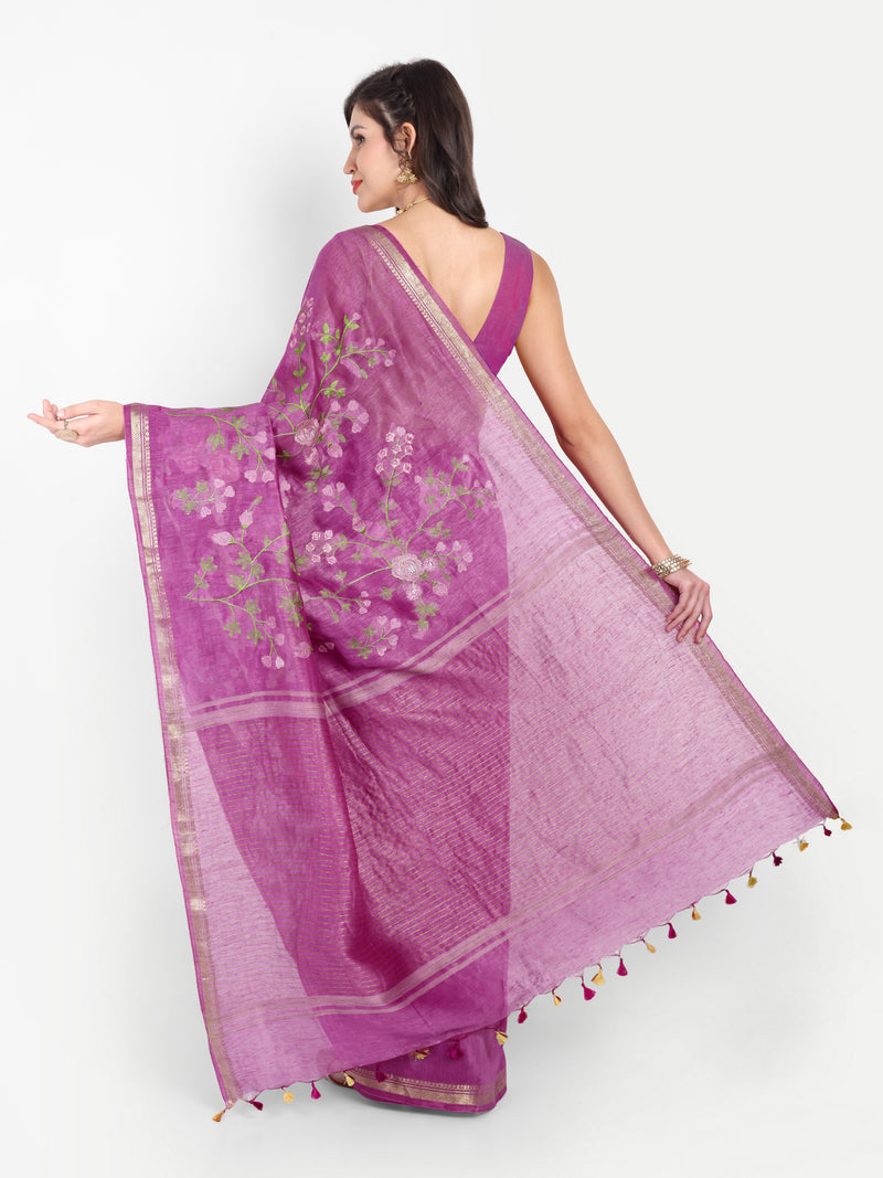 Regal Orchid Purple Linen Saree with Floral Embroidery