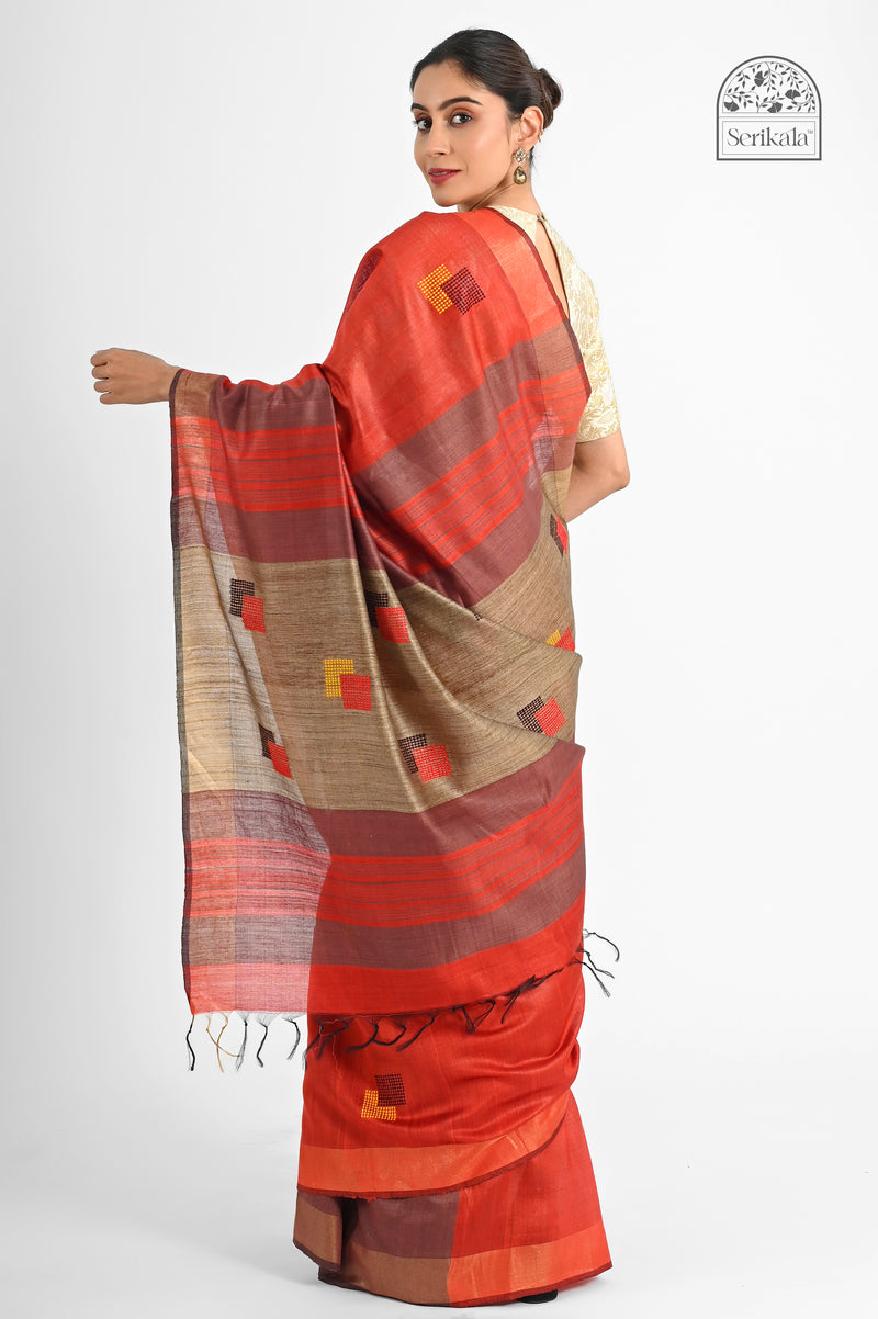 Rust Eri Silk Saree with Handwoven Tussar Pallu – Minimalist Elegance with Geometric Charm