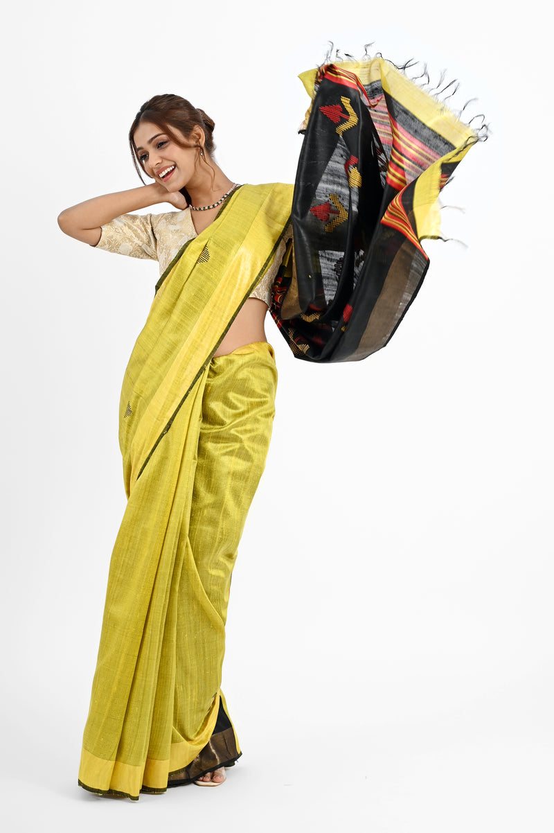 Striking Yellow Dupion Silk Saree with Black & Red Aanchal
