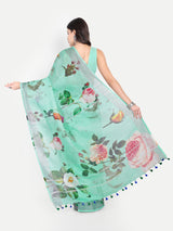Vibrant Sea Green Digital Print Linen Saree