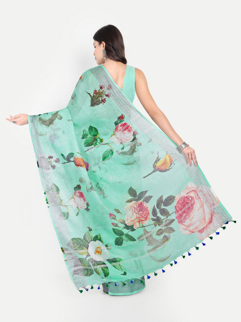 Vibrant Sea Green Digital Print Linen Saree