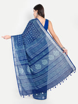 Classic Indigo Blue Block Print Cotton Saree
