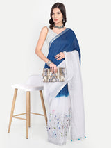 Elegant Indigo & White Dual-Tone Linen Saree with Floral Hand Embroidery